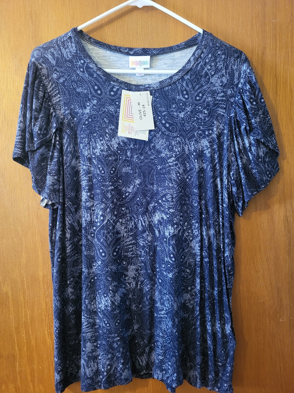LuLaRoe Olive Navy Paisley Short Sleeve Scoop Neck Top
